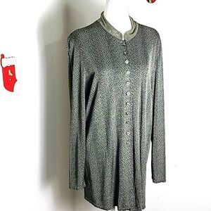 Stephanie Thomas Sport Vintage Buttondown Long Blouse Green & Black Print, Sz 16